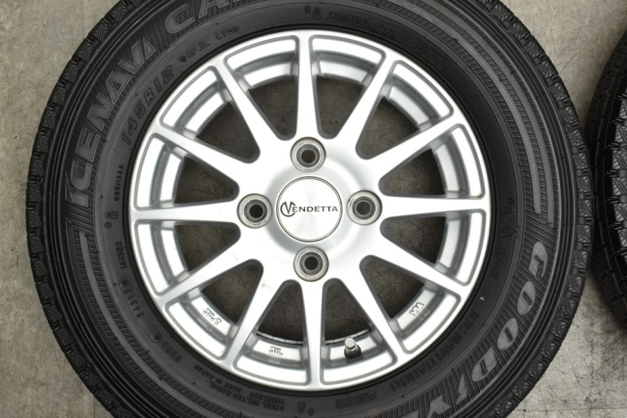 程度良好品】VENDETTA 12in 4.00B +40 PCD100 グッドイヤー アイスナビカーゴ 145R12 6PR LT 軽トラック  ハイゼット N-VAN サンバー 中古 スタッドレスタイヤホイールセット | パーツ販売ナンバーワン